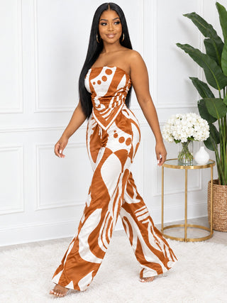 Jade Oasis rust and ivory wide-leg pants set, side walking view – pull-on, no zipper, elastic back top and elastic back waistband