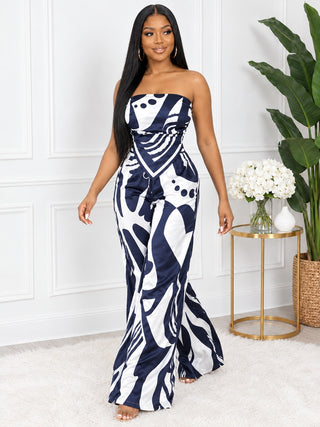 Jade Oasis navy and white wide-leg pants set, side walking view – pull-on, no zipper, elastic back top and elastic back waistband