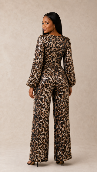 Women’s leopard sequin party jumpsuit with balloon sleeves and wide legs, back view