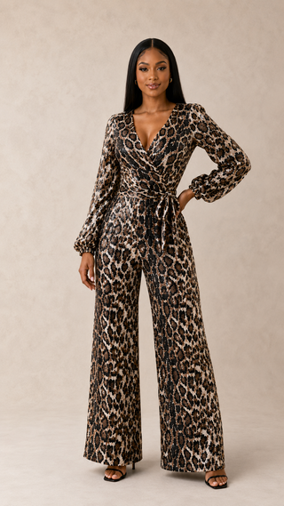 Leopard sequin long\-sleeve wide\-leg jumpsuit with wrap V\-neck and tie waist, front view