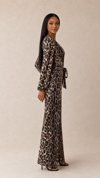 Leopard Sequin Long-Sleeve Wide-Leg Jumpsuit