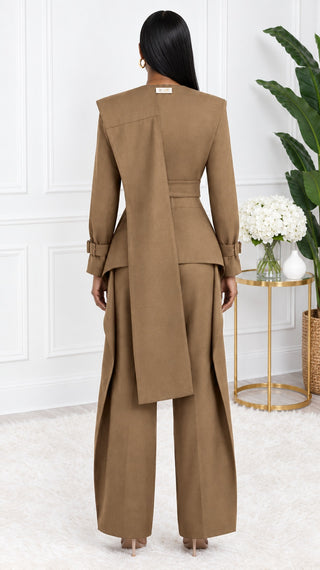 Full back view of the mocha brown set showing the asymmetric sash, belted waist and peplum flare