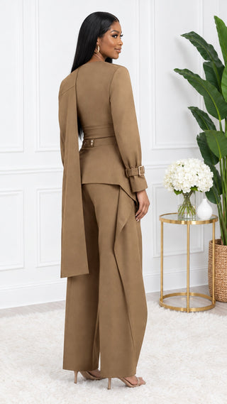 Back three-quarter view of the mocha brown petite fit set showing the long shoulder sash, peplum back and silver buckle cuffs