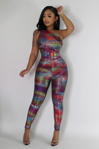 multicolor holographic stretch jumpsuit one shoulder sleeveless women
