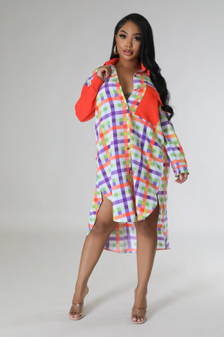 Multicolor Plaid Color Block Oversized Shirt Dress, alternate view 2
