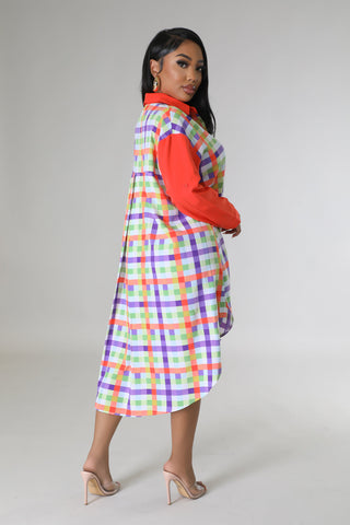 Multicolor Plaid Color Block Oversized Shirt Dress, alternate view 3