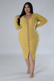 Mustard ribbed button front midi dress with long sleeves and V-neck stretch knit curve hugging boutique dress