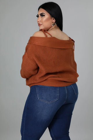 Back view of off shoulder camel knit top