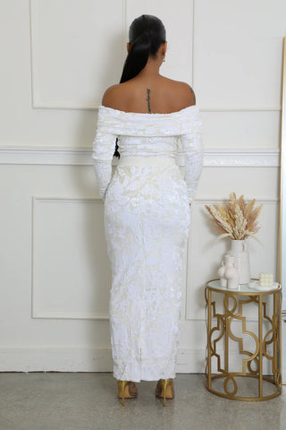 Ivory lace off shoulder long sleeve bodysuit styled with a fitted midi skirt