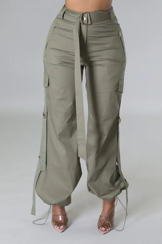 olive green cargo pants with high waist and belt detail

