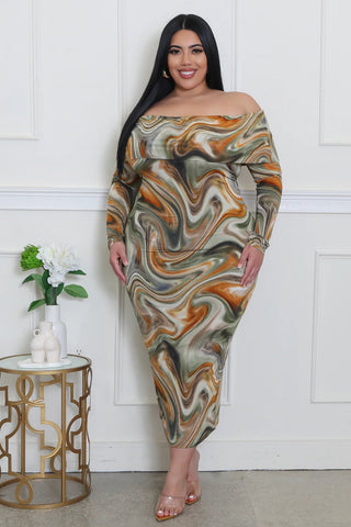olive marble bodycon midi dress off shoulder long sleeve boutique dress
