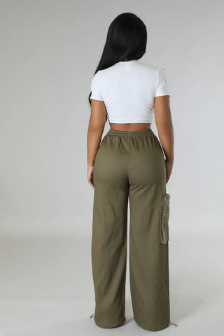Back view olive wide leg cargo pants elastic waistband