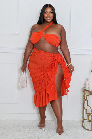 Plus size orange ruffle skirt set with high slit and one shoulder top