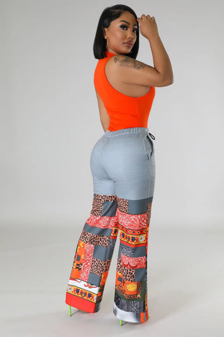 Back view patchwork wide leg pants elastic waistband