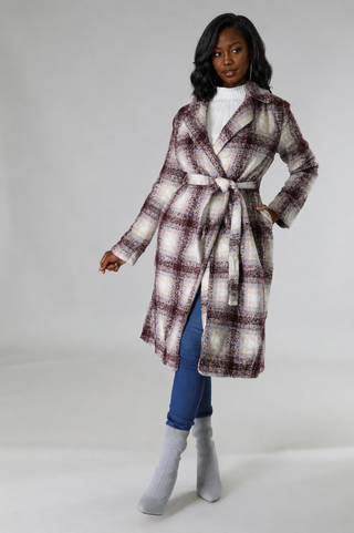 Front view of brown, cream, and beige plaid belted longline jacket designed for petite women with slim arms