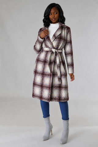Front view of brown, cream, and beige plaid belted longline jacket designed for petite women with slim arms