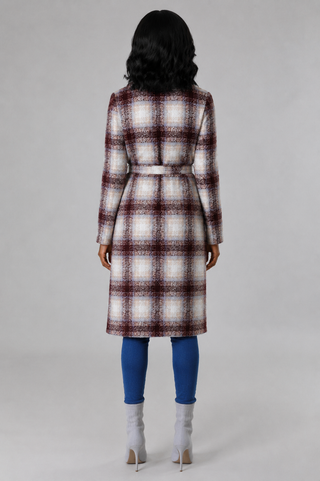 Back view of petite brown plaid belted longline jacket showing the tailored waist and knee-length hem