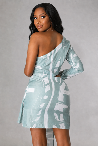 Petite one-shoulder cutout mini dress with one long sleeve and self-tie detail
