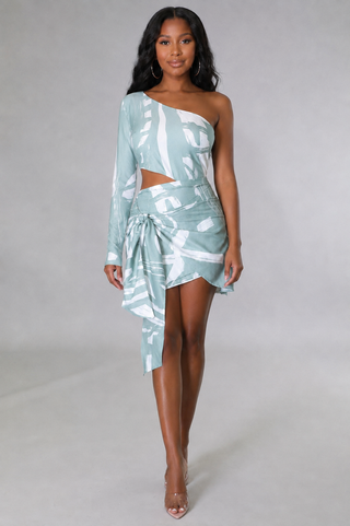 Petite one-shoulder cutout mini dress with one long sleeve and self-tie detail