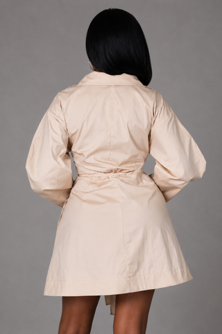 Petite Poise beige cotton mini dress with elasticized waist and A-line hem, back view