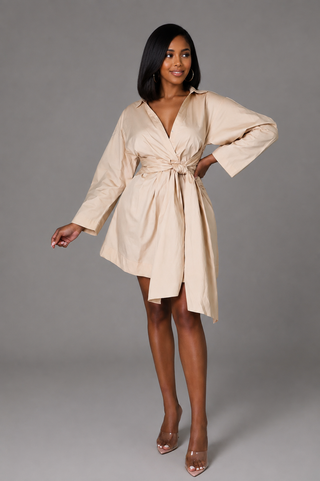 Beige petite cotton mini dress with wrapped waist and side pockets, front view