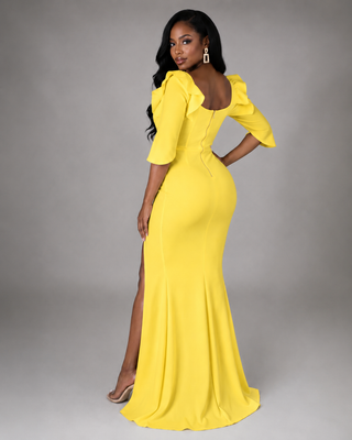Petite yellow V-neck maxi dress with ruffle mid sleeves, fitted stretch silhouette and high leg slit