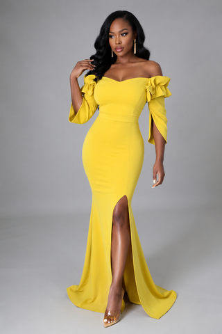 Petite yellow V-neck maxi dress with ruffle mid sleeves, fitted stretch silhouette and high leg slit