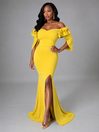 Petite yellow V-neck maxi dress with ruffle mid sleeves, fitted stretch silhouette and high leg slit