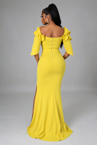 Petite yellow V-neck maxi dress with ruffle mid sleeves, fitted stretch silhouette and high leg slit