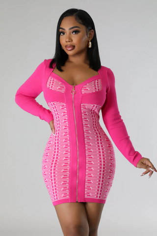 pink bodycon mini dress long sleeve front zipper fitted stretchy club dress women boutique outfit