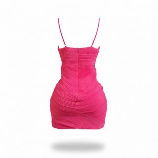 Back view of bodycon pink mini dress with fitted silhouette