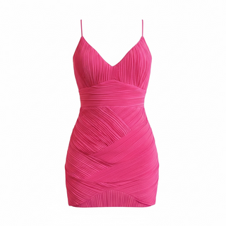 Women’s hot pink pleated bodycon mini dress with spaghetti straps