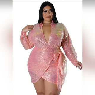 pink plus size sequin wrap mini dress women
