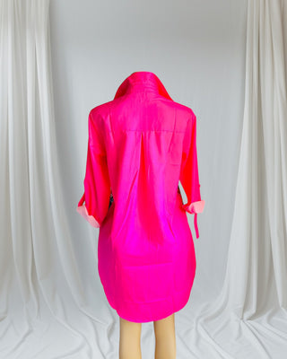Back view of pink collared shirt dress with long sleeves