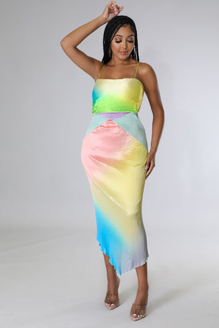 pleated rainbow midi dress with asymmetrical hemline
