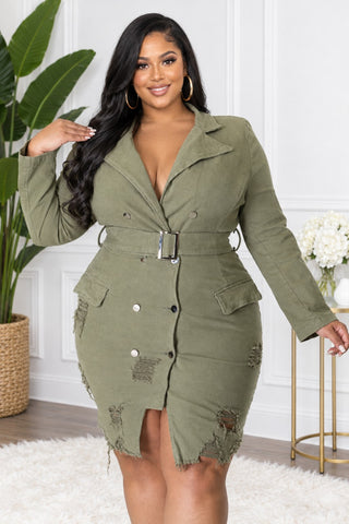 Plus size model in the olive green belted denim blazer dress with deep V lapels, silver snap buttons and hip flap pockets