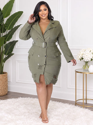 Olive green distressed denim blazer dress on a plus size model, showing the silver rectangle buckle belt and ripped details