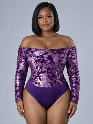 Purple sequin off-shoulder long-sleeve bodysuit worn on its own, showing how the bodysuit top fits on a plus size model