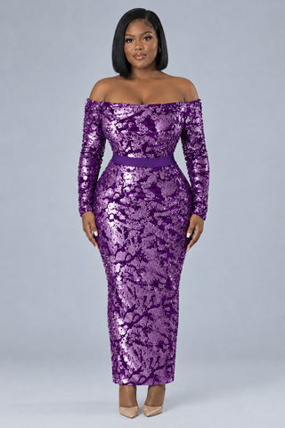 Front view of the plus size Spotlight Queen purple sequin skirt set with off-shoulder long-sleeve bodysuit and tight maxi pencil skirt