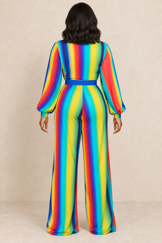 Back view of plus size rainbow stripe wide\-leg jumpsuit