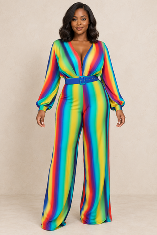 Tall plus size model wearing a rainbow stripe wide-leg jumpsuit with blue belt