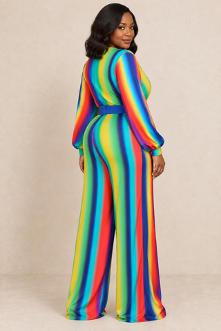 Stretchy plus size colorful jumpsuit with long sleeves side view