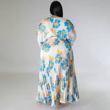 Elegant blue and yellow floral maxi dress for church