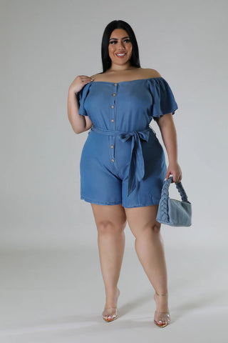 plus size blue denim off shoulder romper tie waist boutique style
