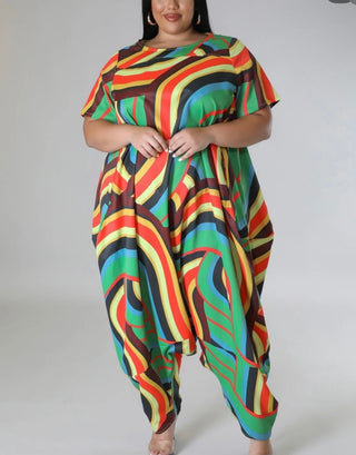 plus size colorful swirl print convertible jumpsuit dress oversized flowy dual wear outfit with pockets boutique fashion