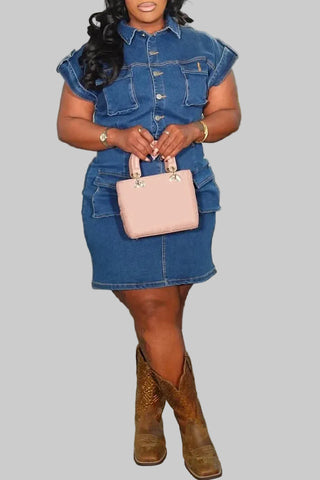 plus size denim mini dress with button front and pockets
