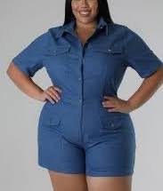 plus size denim romper with short sleeves button front utility style pockets fitted casual outfit women