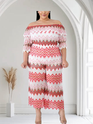 plus size off shoulder palazzo jumpsuit zigzag print flowy wide leg summer outfit women boutique