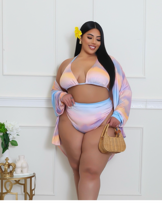 plus size pastel 3 piece bikini set with matching cover up high waisted swimsuit curvy model beach outfit