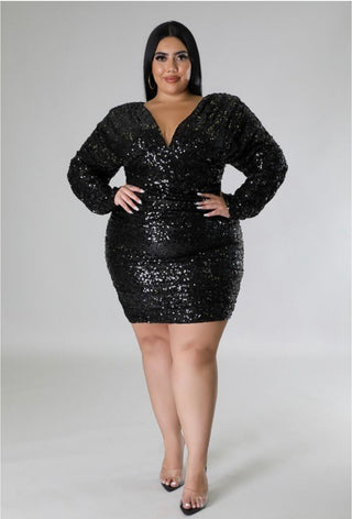 plus size sequin ruched mini dress long sleeve bodycon black